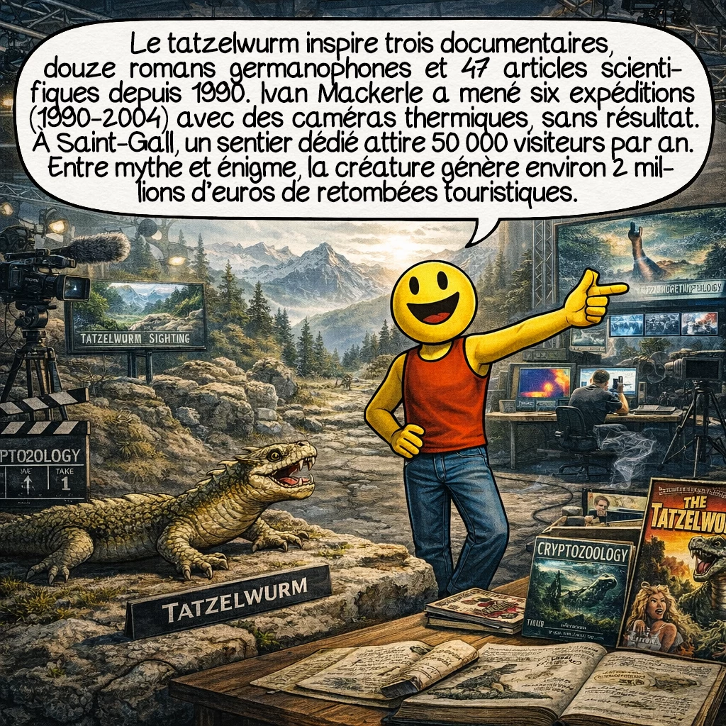 Le tatzelwurm, case 9 : Le tatzelwurm inspire : 3 documentaires Discovery Channel, 12 romans germanophones, 47 articles scientifiques depuis 1990. Le cryptozoologue Ivan Mackerle a mené 6 expéditions (1990-2004) avec caméras thermiques, sans résultat probant. L’office du tourisme de Saint-Gall capitalise : sentier du Tatzelwurm, 50 000 visiteurs annuels. Entre mythe rentable et énigme zoologique, la créature génère 2 millions d’euros annuels en retombées touristiques régionales.