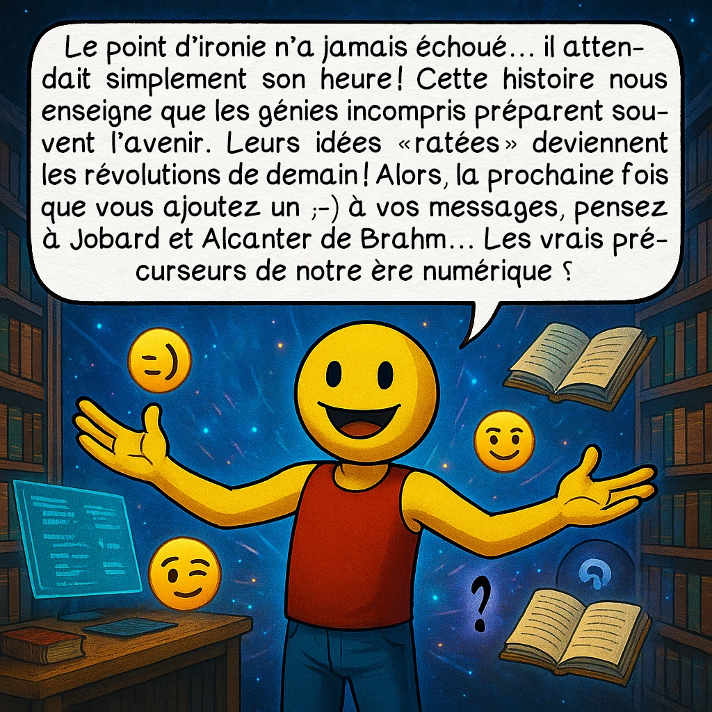 Le point d’ironie, case 10 : Et voilà le secret révélé ! Le point d'ironie n'a jamais échoué... il attendait simplement son heure ! Cette histoire nous enseigne que les génies incompris préparent souvent l'avenir. Leurs idées 'ratées' deviennent les révolutions de demain ! Alors la prochaine fois que vous ajoutez un ;) à vos messages, pensez à Jobard et Alcanter de Brahm... Les vrais précurseurs de notre ère numérique ⸮
