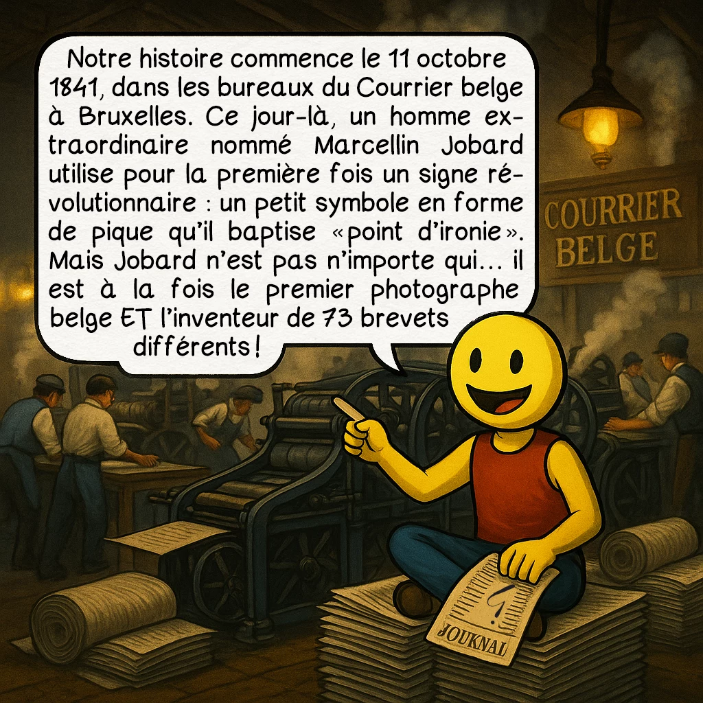 Le point d’ironie, case 2 : Notre histoire commence le 11 octobre 1841, dans les bureaux du Courrier Belge à Bruxelles. Ce jour-là, un homme extraordinaire nomé Marcellin Jobard utilise pour la première fois un signe révolutionnaire : un petit symbole en forme de pique qu'il baptise 'point d'ironie'. Mais Jobard n'est pas n'importe qui... il est à la fois le premier photographe belge ET l'inventeur de 73 brevets différents !