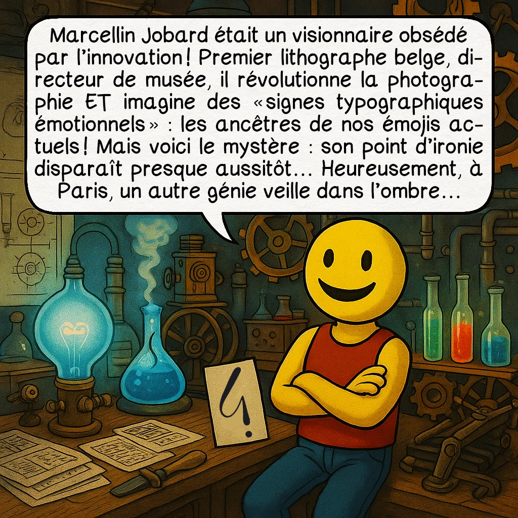 Le point d’ironie, case 3 : Marcellin Jobard était un visionnaire obsédé par l'innovation ! Premier lithographe belge, directeur de musée, il révolutionne la photographie ET imagine des 'signes typographiques émotionnels' - les ancêtres de nos émojis actuels ! Mais voici le mystère : son point d'ironie disparaît presque aussitôt... Heureusement, à Paris, un autre génie veille dans l'ombre...
