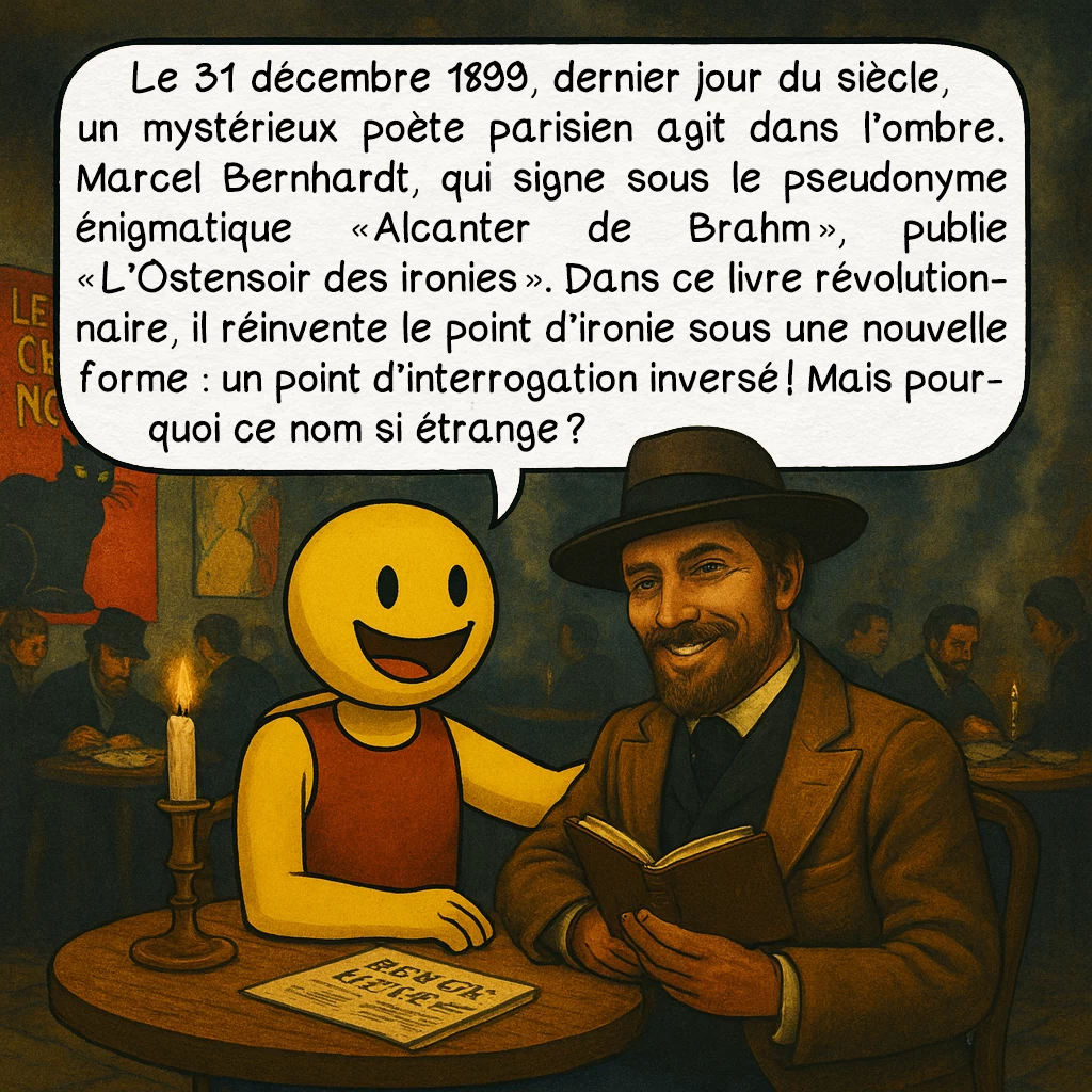 Le point d’ironie, case 4 : Le 31 décembre 1899, dernier jour du siècle, un mystérieux poète parisien agit dans l'ombre. Marcel Bernhardt, qui signe sous le pseudonyme énigmatique 'Alcanter de Brahm', publie 'L'Ostensoir des ironies'. Dans ce livre révolutionnaire, il réinvente le point d'ironie sous une nouvelle forme : un point d'interrogation inversé ! Mais pourquoi ce nom si étrange ?