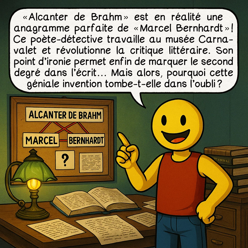 Le point d’ironie, case 5 : Le mystère s'épaissit ! 'Alcanter de Brahm' est en réalité une anagramme parfaite de 'Marcel Bernhardt' ! Ce poète-détective travaille au musée Carnavalet et révolutionne la critique littéraire. Son point d'ironie permet enfin de marquer le second degré dans l'écrit... Mais alors, pourquoi cette géniale invention tombe-t-elle dans l'oubli ? La réponse va vous surprendre !