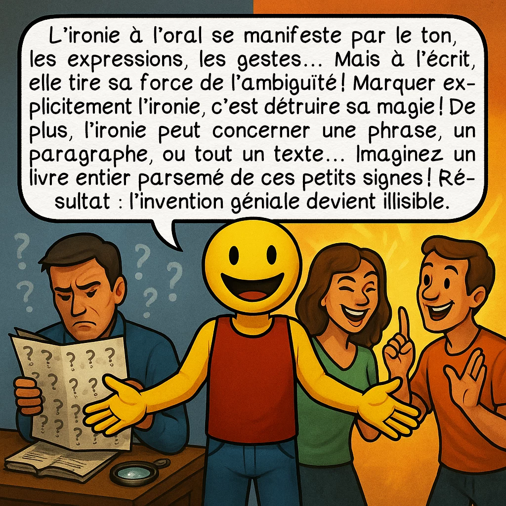 Le point d’ironie, case 6 : Voici le drame ! L'ironie à l'oral se manifeste par le ton, les expressions, les gestes... Mais à l'écrit, elle tire sa force de l'AMBIGUÏTÉ ! Marquer explicitement l'ironie, c'est détruire sa magie ! De plus, l'ironie peut concerner une phrase, un paragraphe, ou tout un texte... Imaginez un livre entier parsemé de ces petits signes ! Résultat : l'invention géniale devient illisible.