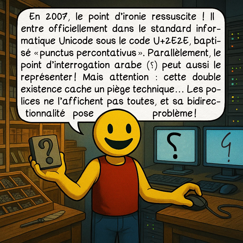 Le point d’ironie, case 7 : En 2007, le point d'ironie ressuscite mystérieusement ! Il entre officiellement dans Unicode sous le code U+2E2E, baptisé 'punctus percontativus'. Parallèlement, le point d'interrogation arabe (؟) peut aussi le représenter ! Mais attention : cette double existence cache un piège technique... Les polices ne l'affichent pas toutes, et sa bidirectionnalité pose problème !