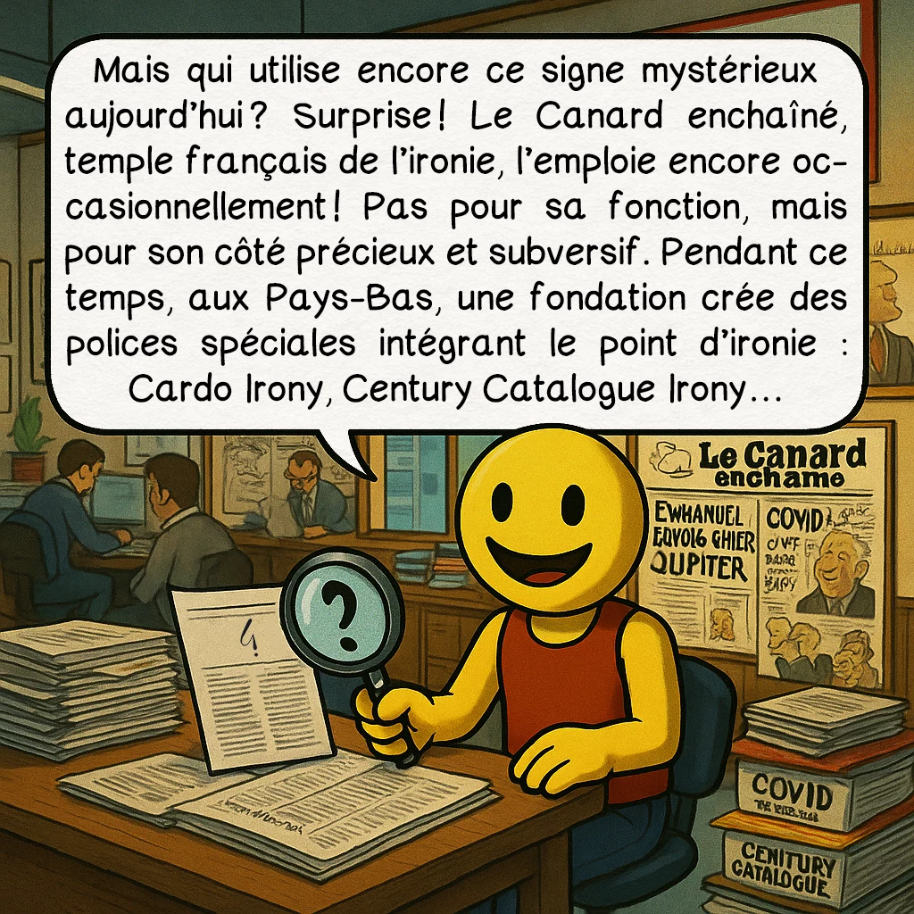 Le point d’ironie, case 8 : Mais qui utilise encore ce signe mystérieux aujourd'hui ? Surprise ! Le Canard Enchaîné, temple français de l'ironie, l'emploie encore occasionnellement ! Pas pour sa fonction, mais pour son côté précieux et subversif. Pendant ce temps, aux Pays-Bas, une fondation crée des polices spéciales intégrant le point d'ironie : Cardo Irony, Century Catalogue Irony…