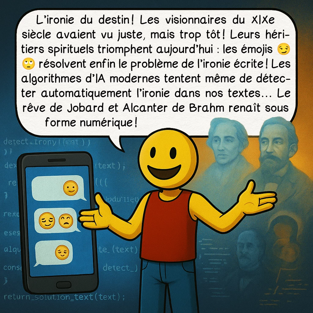 Le point d’ironie, case 9 : L'ironie du destin ! Les visionnaires du XIXe siècle avaient vu juste, mais trop tôt ! Leurs héritiers spirituels triomphent aujourd'hui : les émojis ;) 😏 🙄 résolvent enfin le problème de l'ironie écrite ! Les algorithmes d'IA modernes tentent même de détecter automatiquement l'ironie dans nos textes... Le rêve de Jobard et Alcanter de Brahm renaît sous forme numérique !