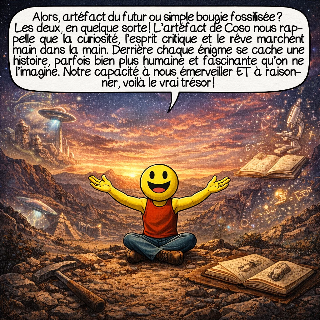 L’artefact de Coso, case 10 : Alors, artéfact du futur ou simple bougie fossilisée ? Les deux, en quelque sorte ! L’artéfact de Coso nous rappelle que la curiosité, l’esprit critique et le rêve marchent main dans la main. Derrière chaque énigme se cache une histoire, parfois bien plus humaine et fascinante qu’on ne l’imagine. Notre capacité à nous émerveiller ET à raisonner, voilà le vrai trésor !