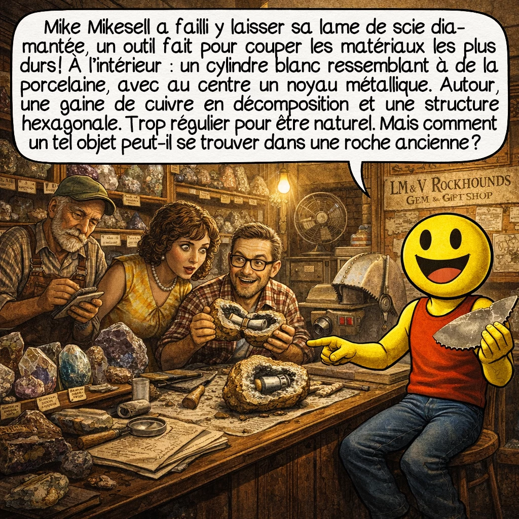 L’artefact de Coso, case 2 : Mike Mikesell a failli y laisser sa lame de scie diamantée, un outil fait pour couper les matériaux les plus durs ! À l’intérieur : un cylindre blanc ressemblant à de la porcelaine, avec au centre un noyau métallique réagissant à un aimant. Autour, une gaine de cuivre en décomposition et une structure hexagonale. Trop régulier pour être naturel… mais comment un tel objet peut-il se trouver dans une roche ancienne ?