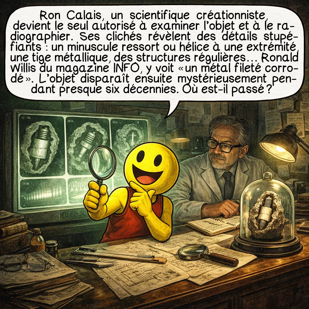 L’artefact de Coso, case 3 : Ron Calais, un scientifique créationniste, devient le seul autorisé à examiner l’objet et à le radiographier. Ses clichés révèlent des détails stupéfiants : un minuscule ressort ou hélice à une extrémité, une tige métallique, des structures régulières… Ronald Willis du magazine INFO, y voit « un métal fileté corrodé ». L’objet disparaît ensuite mystérieusement pendant presque six décennies. Où est-il passé ?