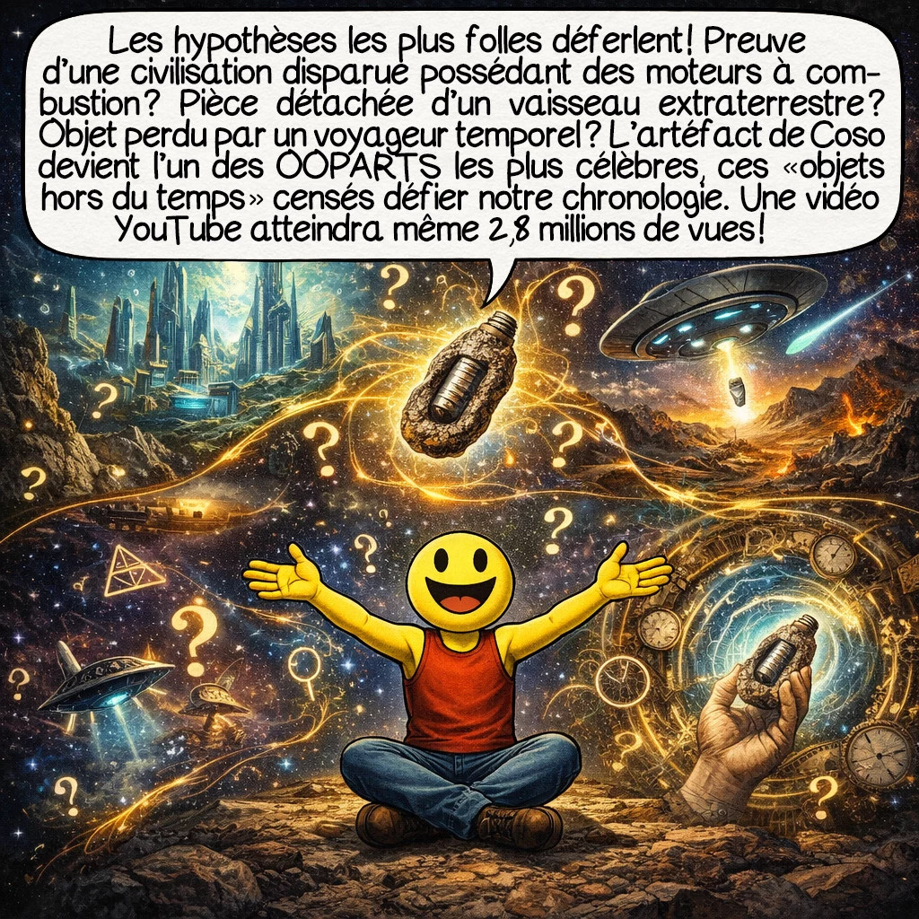 L’artefact de Coso, case 5 : Les hypothèses les plus folles déferlent ! Preuve d’une civilisation disparue possédant des moteurs à combustion ? Pièce détachée d’un vaisseau extraterrestre ? Objet perdu par un voyageur temporel ? L’artéfact de Coso devient l’un des OOPARTS les plus célèbres, ces « objets hors du temps » censés défier notre chronologie. Une vidéo YouTube atteindra même 2,8 millions de vues !