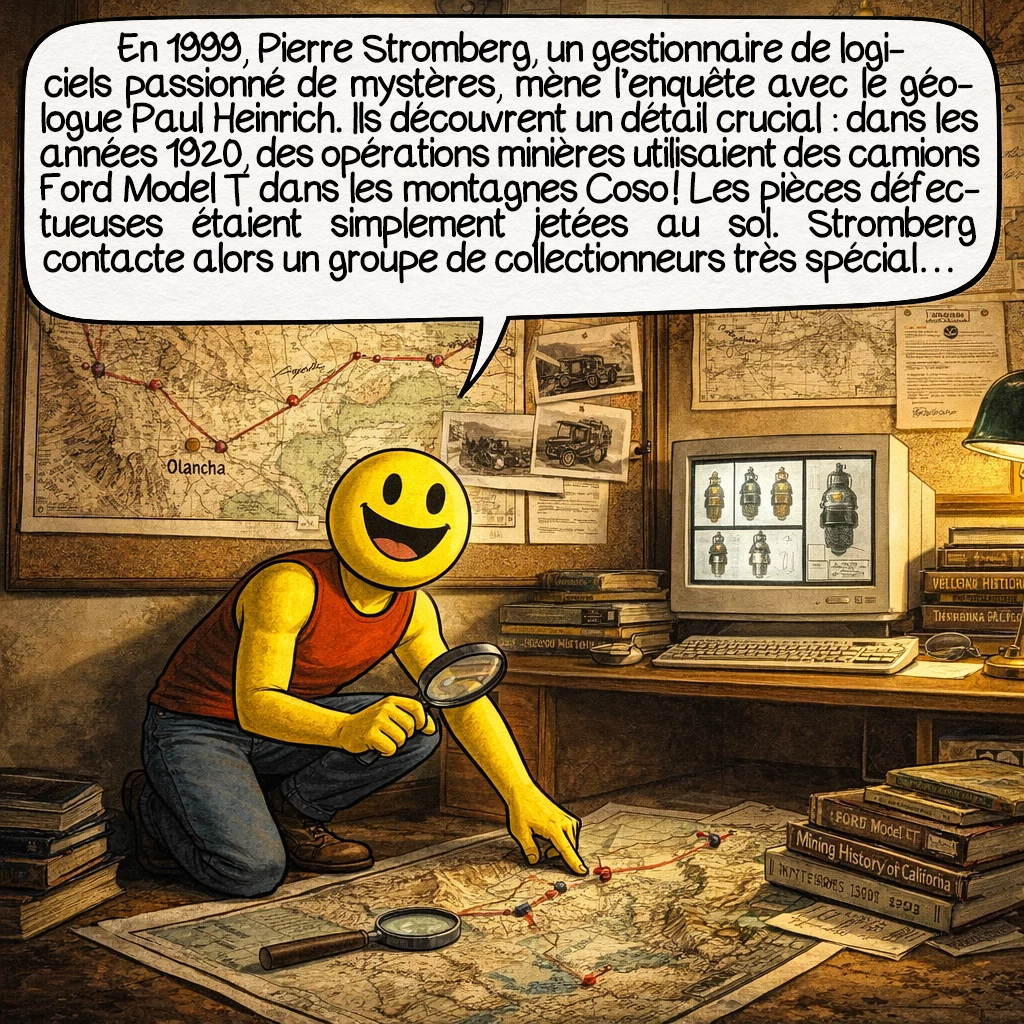 L’artefact de Coso, case 6 : En 1999, Pierre Stromberg, un gestionnaire de logiciels passionné de mystères, mène l’enquête avec le géologue Paul Heinrich. Ils découvrent un détail crucial : dans les années 1920, des opérations minières utilisaient des camions Ford Model T dans les montagnes Coso ! Les pièces défectueuses étaient simplement jetées au sol. Stromberg contacte alors un groupe de collectionneurs très spécial…