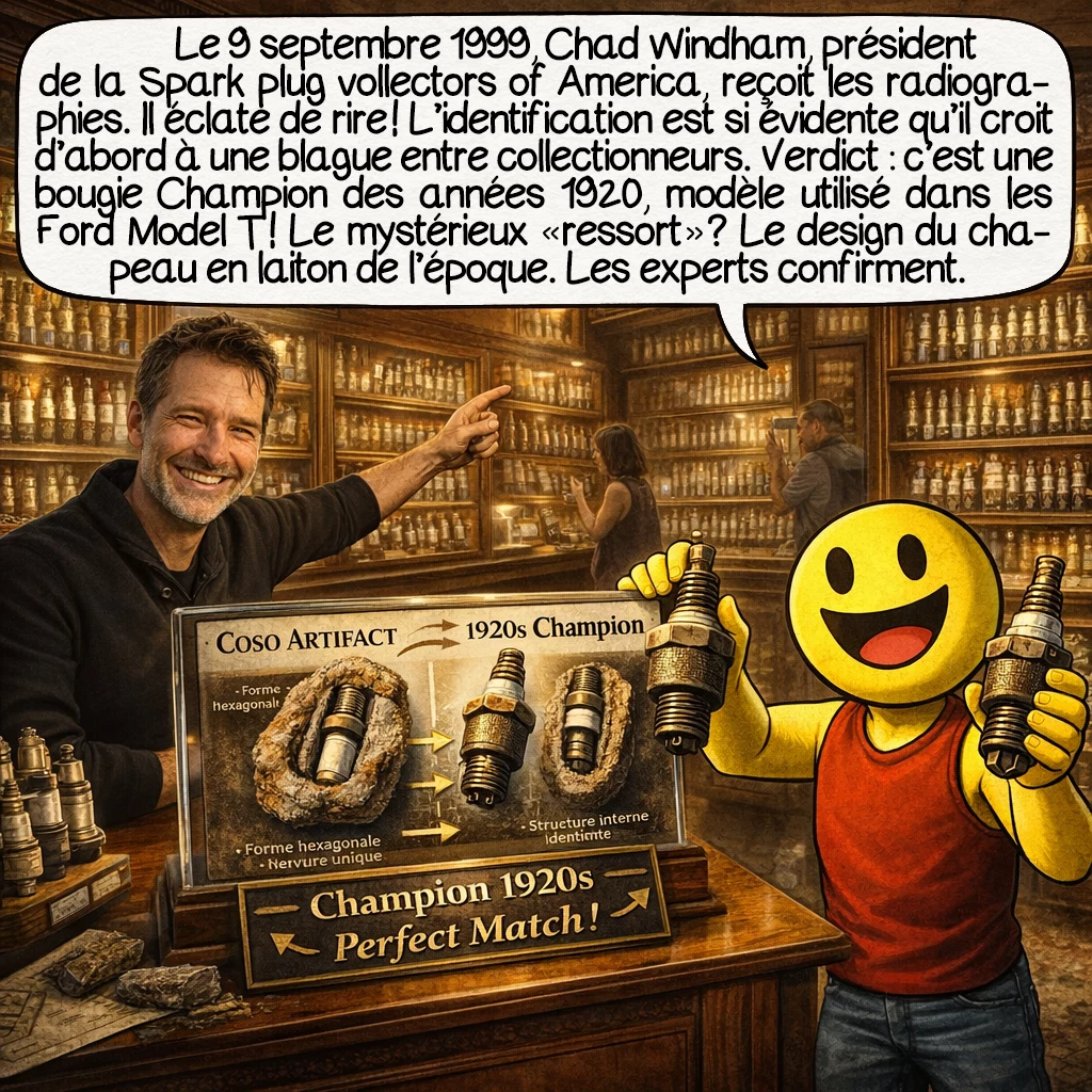 L’artefact de Coso, case 7 : Le 9 septembre 1999, Chad Windham, président de la Spark Plug Collectors of America, reçoit les radiographies. Il éclate de rire ! L’identification est si évidente qu’il croit d’abord à une blague entre collectionneurs. Verdict unanime : c’est une bougie Champion des années 1920, modèle utilisé dans les Ford Model T ! Le mystérieux « ressort » ? Le design du chapeau en laiton de l’époque. Tous les experts confirment.