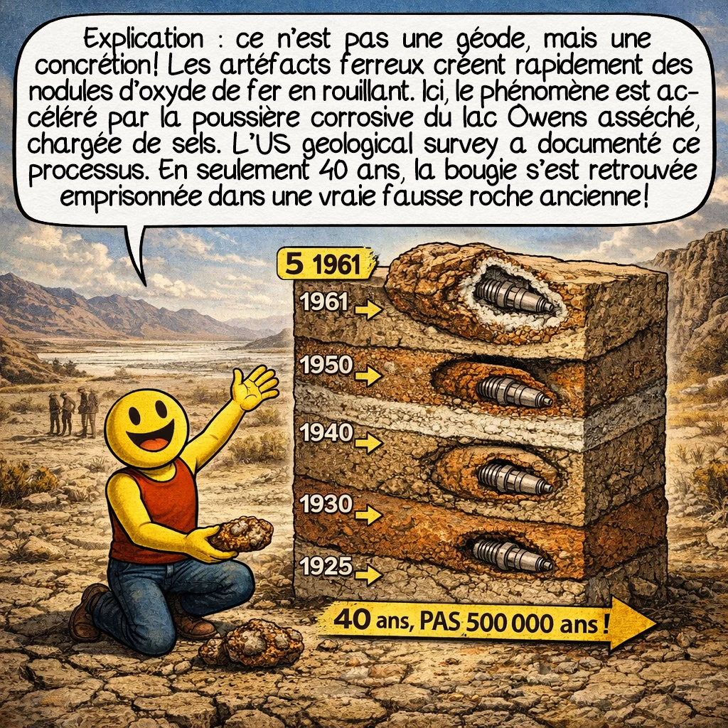 L’artefact de Coso, case 8 : Explication : ce n’est pas une géode, mais une concrétion ! Les artéfacts ferreux créent rapidement des nodules d’oxyde de fer en rouillant. Ici, le phénomène est accéléré par la poussière minérale corrosive du lac Owens asséché, chargée de sels. L’US Geological Survey a documenté ce processus unique. En seulement 40 ans, la bougie s’est retrouvée emprisonnée dans une vraie fausse roche ancienne !