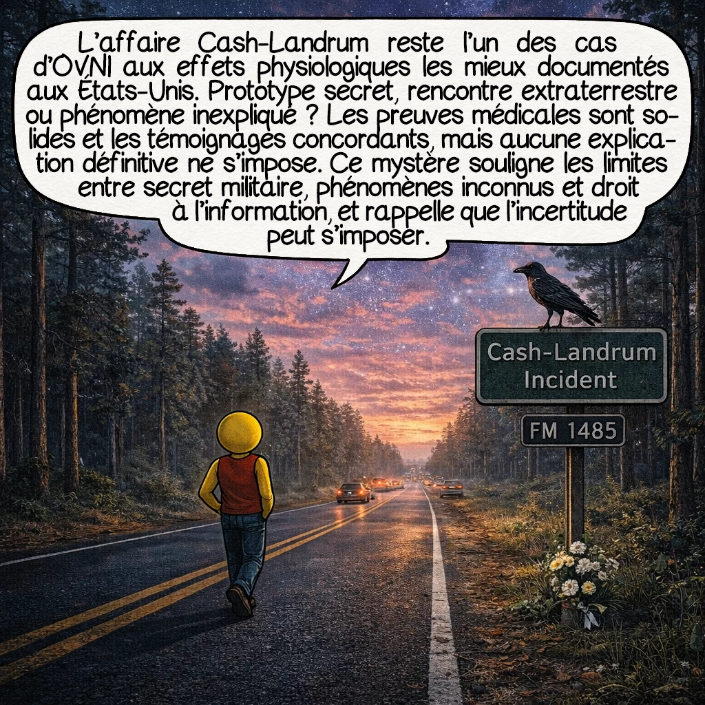 L’affaire Cash-Landrum, case 10 : L’affaire Cash-Landrum demeure le cas d’OVNI avec effets physiologiques le mieux documenté de l’histoire américaine. Prototype secret, rencontre extraterrestre ou phénomène encore incompris ? Les preuves médicales sont indéniables, les témoignages cohérents, mais l’explication définitive nous échappe. Ce mystère illustre parfaitement les limites entre secret militaire légitime, phénomènes inexpliqués et droit du public à la vérité. Parfois, accepter l’incertitude est plus sage que forcer une conclusion.