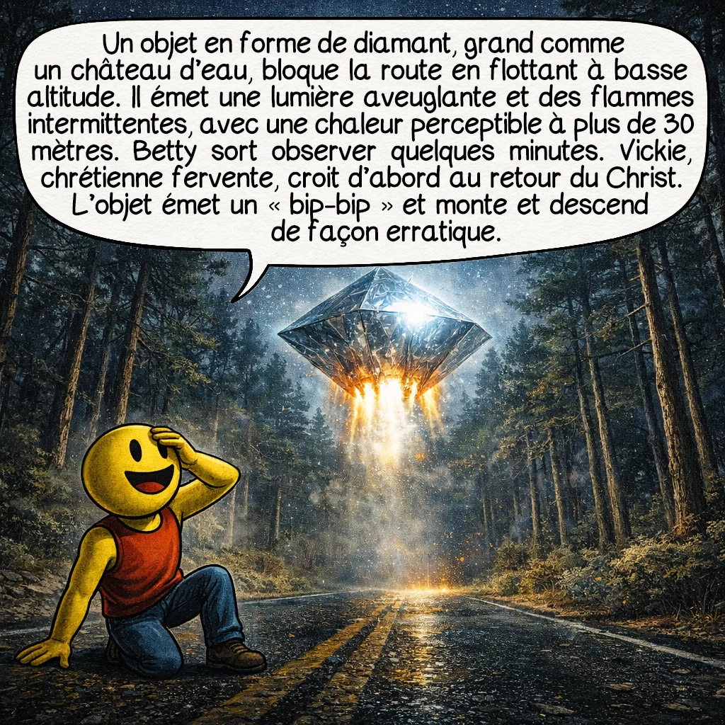 L’affaire Cash-Landrum, case 2 : Un objet en forme de diamant, grand comme un château d’eau, bloque la route en flottant à basse altitude. Il émet une lumière aveuglante et des flammes intermittentes depuis sa base, dégageant une chaleur intense perceptible à plus de 30 mètres. Betty sort de la voiture pour mieux voir, restant dehors 5 à 10 minutes. Vickie, chrétienne fervente, pense d’abord voir le retour du Christ. L’objet produit un son de « bip-bip » électronique et semble en difficulté, montant et descendant de manière erratique.
