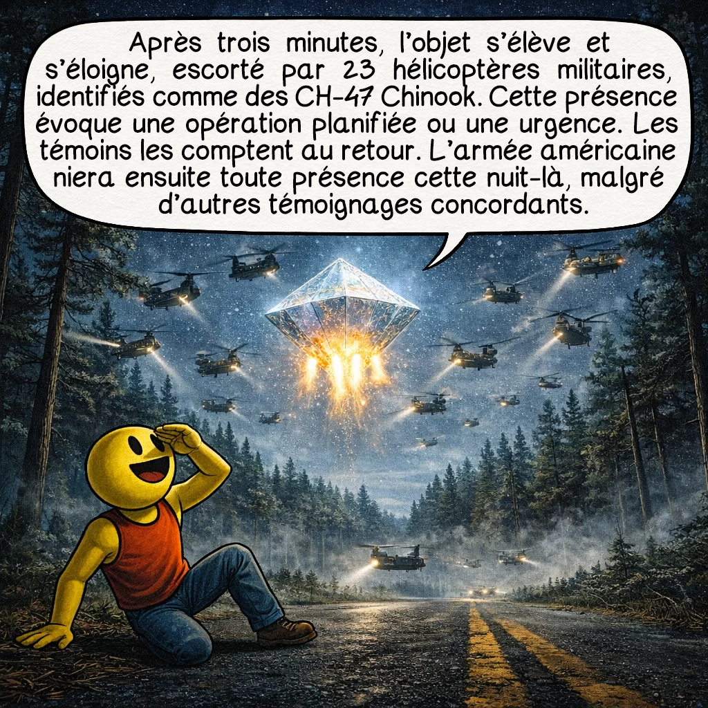 L’affaire Cash-Landrum, case 3 : Après environ 3 minutes, l’objet s’élève soudainement et s’éloigne, immédiatement escorté par 23 hélicoptères militaires que les témoins identifient comme des CH-47 Chinook à double rotor. Cette présence militaire massive suggère une opération planifiée ou une intervention d’urgence. Les témoins comptent méthodiquement les appareils pendant leur trajet de retour. L’armée américaine niera plus tard toute présence d’hélicoptères dans la zone cette nuit-là, malgré d’autres témoignages indépendants confirmant leur passage.