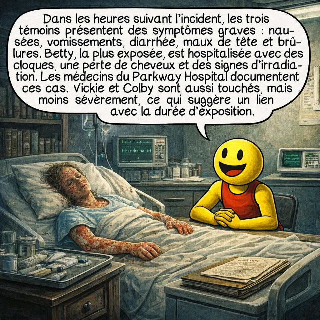 L’affaire Cash-Landrum, case 4 : Dans les heures suivant l’incident, les trois témoins développent des symptômes alarmants : nausées, vomissements, diarrhée, maux de tête intenses et sensation de brûlure généralisée. Betty, la plus exposée, est hospitalisée d’urgence avec des cloques massives, une perte de cheveux et des symptômes correspondant à une exposition aux radiations ionisantes. Les médecins du Parkway Hospital documentent minutieusement ces blessures inexpliquées. Vickie et Colby souffrent également, mais moins sévèrement, suggérant une corrélation avec la durée d’exposition.