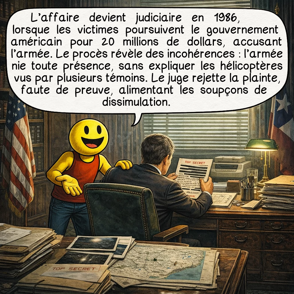 L’affaire Cash-Landrum, case 5 : L’affaire prend une dimension juridique quand les victimes poursuivent le gouvernement américain pour 20 millions de dollars en 1986, accusant l’armée d’être responsable de leurs blessures. Le procès révèle des incohérences troublantes : l’armée maintient qu’aucun appareil militaire n’était dans la zone, mais ne peut expliquer les hélicoptères vus par plusieurs témoins indépendants. Le juge fédéral rejette finalement la plainte, arguant l’absence de preuves que l’objet appartenait au gouvernement. Cette décision alimente les théories du cover-up militaire.