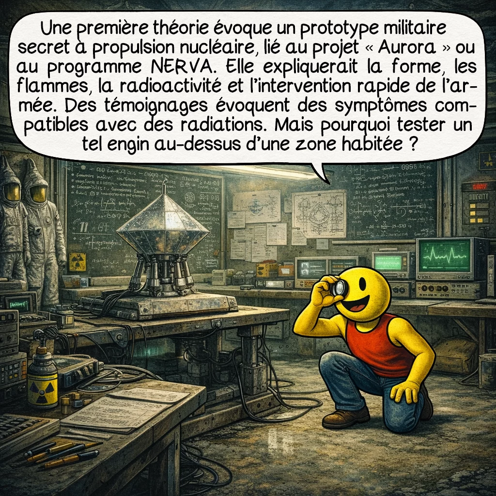 L’affaire Cash-Landrum, case 6 : Première théorie : un prototype militaire secret utilisant la propulsion nucléaire, projet « Aurora » ou dérivé du programme NERVA de la NASA. Cette hypothèse explique la forme inhabituelle, les flammes (propulsion thermique), la radioactivité et l’escorte militaire immédiate. Le Pentagone développait effectivement des technologies aérospatiales révolutionnaires durant la Guerre froide. Les symptômes de radiation des témoins corroborent un dysfonctionnement de réacteur expérimental. Mais pourquoi tester au-dessus d’une zone habitée ?