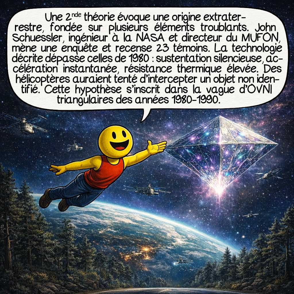 L’affaire Cash-Landrum, case 7 : Deuxième théorie : origine extraterrestre, soutenue par plusieurs éléments troublants. John Schuessler, ingénieur de la NASA et directeur du MUFON, mène une enquête exhaustive documentant 23 témoins supplémentaires. La technologie observée dépasse les capacités connues de 1980 : sustentation silencieuse, accélération instantanée, résistance thermique extrême. Les hélicoptères auraient tenté d’intercepter ou escorter un intrus non identifié. Cette interprétation s’inscrit dans la vague d’observations d’OVNI triangulaires/diamant des années 1980-1990.