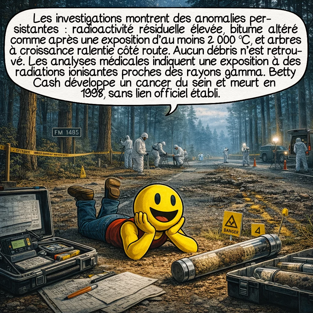L’affaire Cash-Landrum, case 8 : Les investigations physiques révèlent des anomalies persistantes : niveau de radiation résiduelle au-dessus de la normale, bitume présentant des altérations thermiques cohérentes avec une exposition à 2000 °C minimum, arbres avec retard de croissance côté route. Pourtant, aucun débris matériel n’est retrouvé. Les analyses médicales confirment une exposition à des radiations ionisantes équivalente à des rayons gamma. Betty Cash développe un cancer du sein et décède en 1998, officiellement sans lien établi avec l’incident.