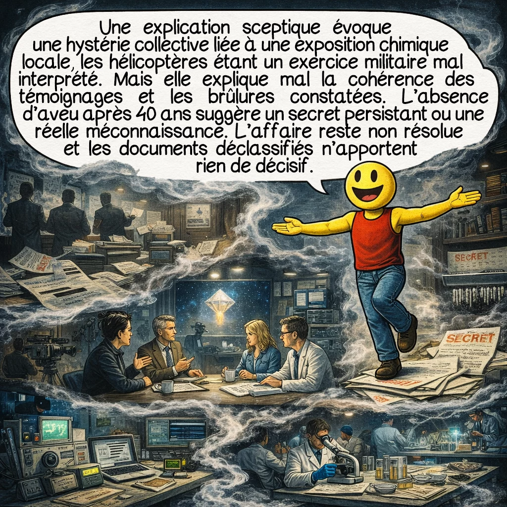 L’affaire Cash-Landrum, case 9 : Alternative sceptique : hystérie collective amplifiée par exposition chimique industrielle locale, les hélicoptères étant un exercice militaire coïncident mal interprété. Mais cette théorie peine à expliquer la cohérence des témoignages indépendants et les brûlures documentées. L’absence d’aveu gouvernemental après 40 ans suggère soit un secret encore sensible, soit une méconnaissance réelle. Le cas reste officiellement non résolu, alimentant les deux camps. Les documents déclassifiés récents n’apportent aucune clarification décisive.