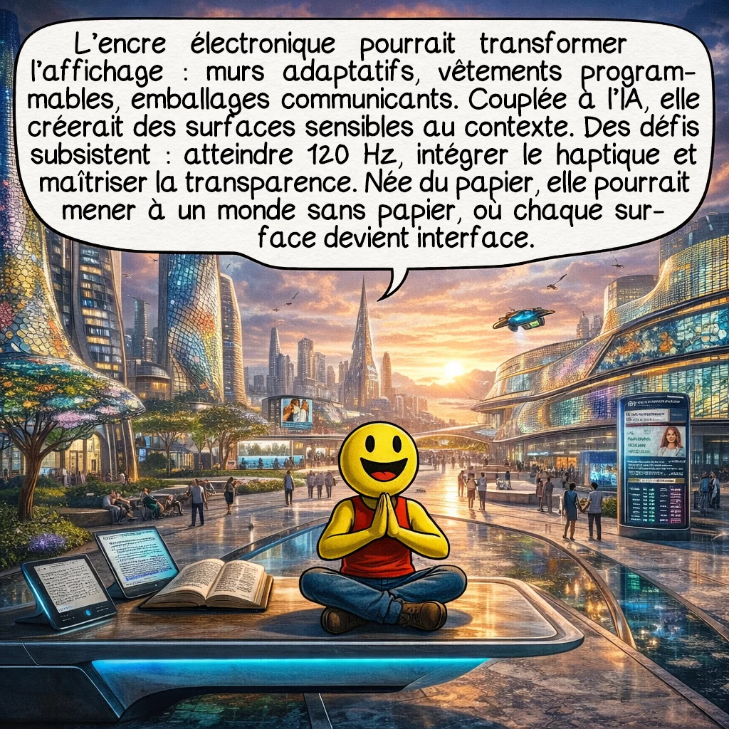 L'encre électronique, case 10 : L’encre électronique transformera notre rapport à l’affichage : murs adaptatifs, vêtements programmables, emballages intelligents communiquant leur fraîcheur. La convergence avec l’IA permettra des surfaces réactives au contexte. Les défis restent : atteindre 120 Hz pour la réalité augmentée, intégrer le tactile haptique, créer la transparence variable. Cette technologie, née du désir d’imiter le papier, pourrait paradoxalement nous mener vers un monde sans papier, où chaque surface devient interface. L’encre électronique nous rappelle qu’innover, c’est parfois regarder en arrière pour mieux bondir en avant.