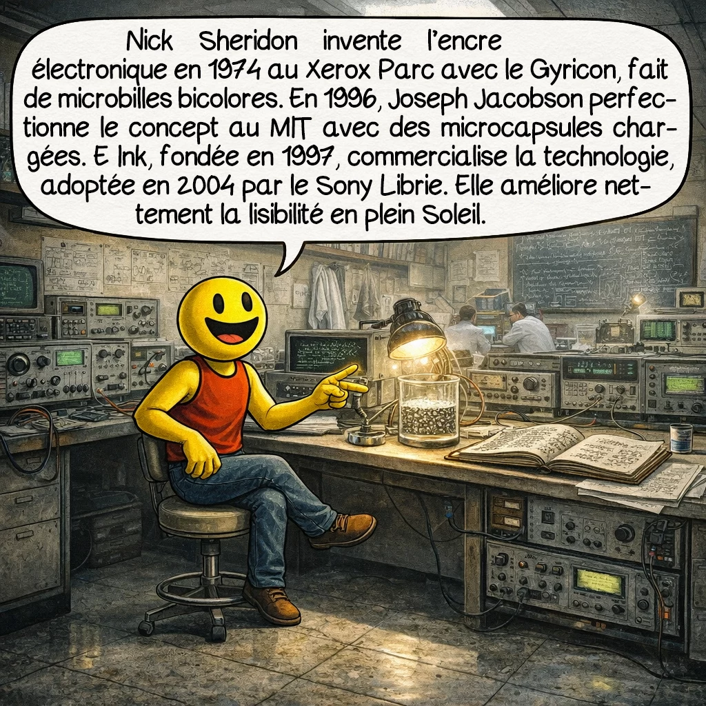 L'encre électronique, case 2 : Nick Sheridon invente l’encre électronique en 1974 au Xerox PARC, créant le Gyricon : des millions de billes bicolores microscopiques tournant dans l’huile. Joseph Jacobson perfectionne le concept au MIT en 1996 avec des microcapsules contenant des particules chargées électriquement. La société E Ink naît en 1997, commercialisant la technologie qui équipera le Sony Librie en 2004, première liseuse grand public. Cette invention résout le problème de lisibilité des écrans en plein soleil.