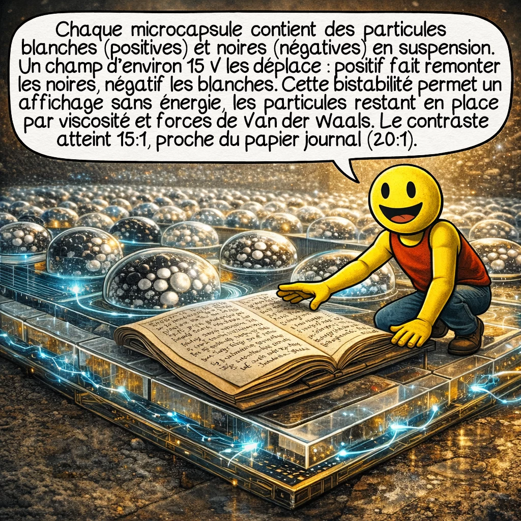 L'encre électronique, case 3 : Chaque microcapsule contient des particules blanches chargées positivement et noires chargées négativement, flottant dans un fluide visqueux. Un champ électrique de 15 volts suffit pour les déplacer : tension positive attire les noires vers le haut, négative attire les blanches. Cette bistabilité permet l’affichage permanent sans consommation : les particules restent en place par viscosité et forces de Van der Waals. Le contraste atteint 15:1, proche du papier journal à 20:1.