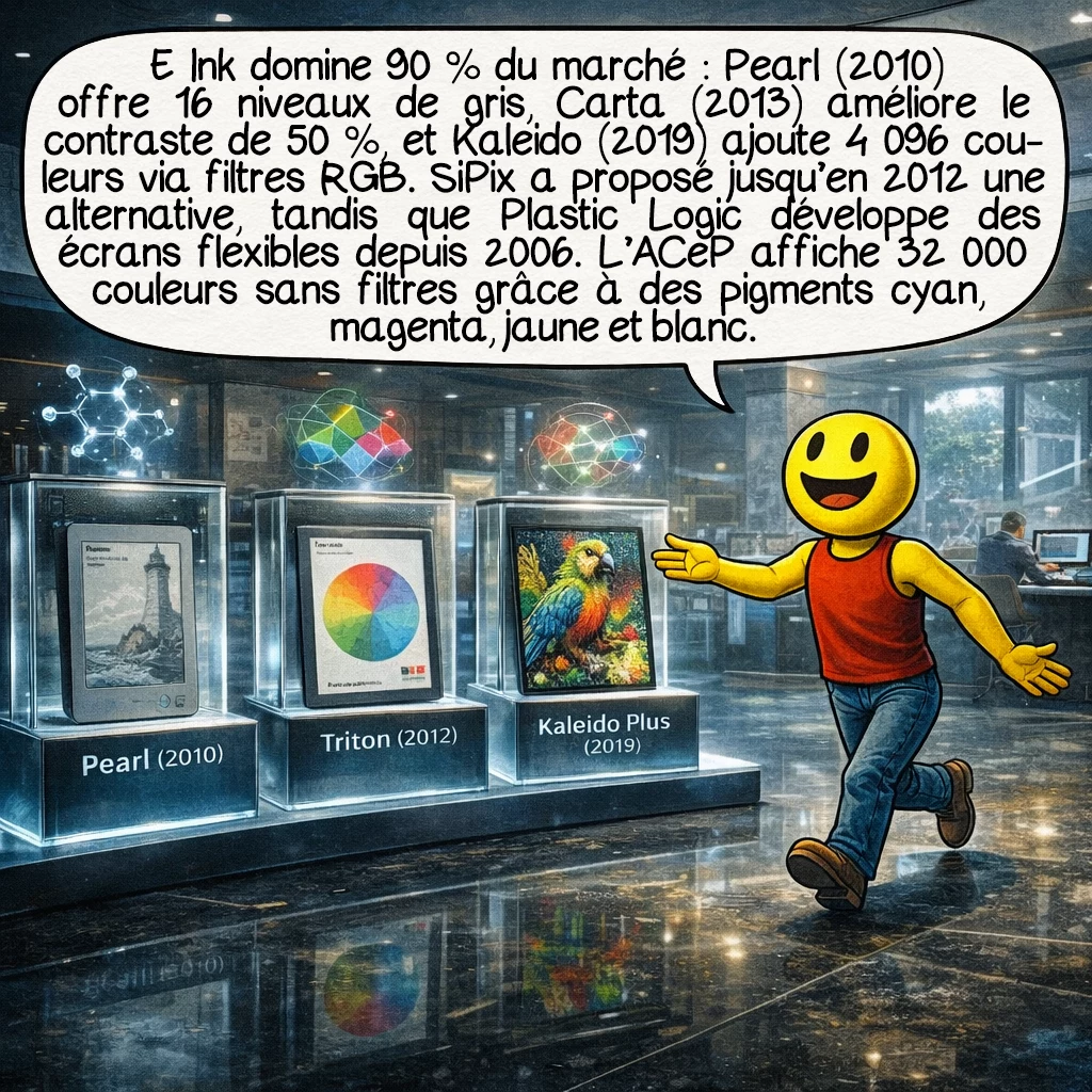 L'encre électronique, case 4 : E Ink domine avec 90 % du marché : Pearl (2010) offre 16 niveaux de gris, Carta (2013) améliore le contraste de 50 %, Kaleido (2019) ajoute 4096 couleurs via filtres RGB. SiPix développe une technologie alternative à électrophorèse inverse jusqu’en 2012. Plastic Logic crée des écrans flexibles depuis 2006. Advanced Color ePaper (ACeP) d’E Ink affiche 32 000 couleurs sans filtres, utilisant des pigments cyan, magenta, jaune et blanc dans chaque capsule.