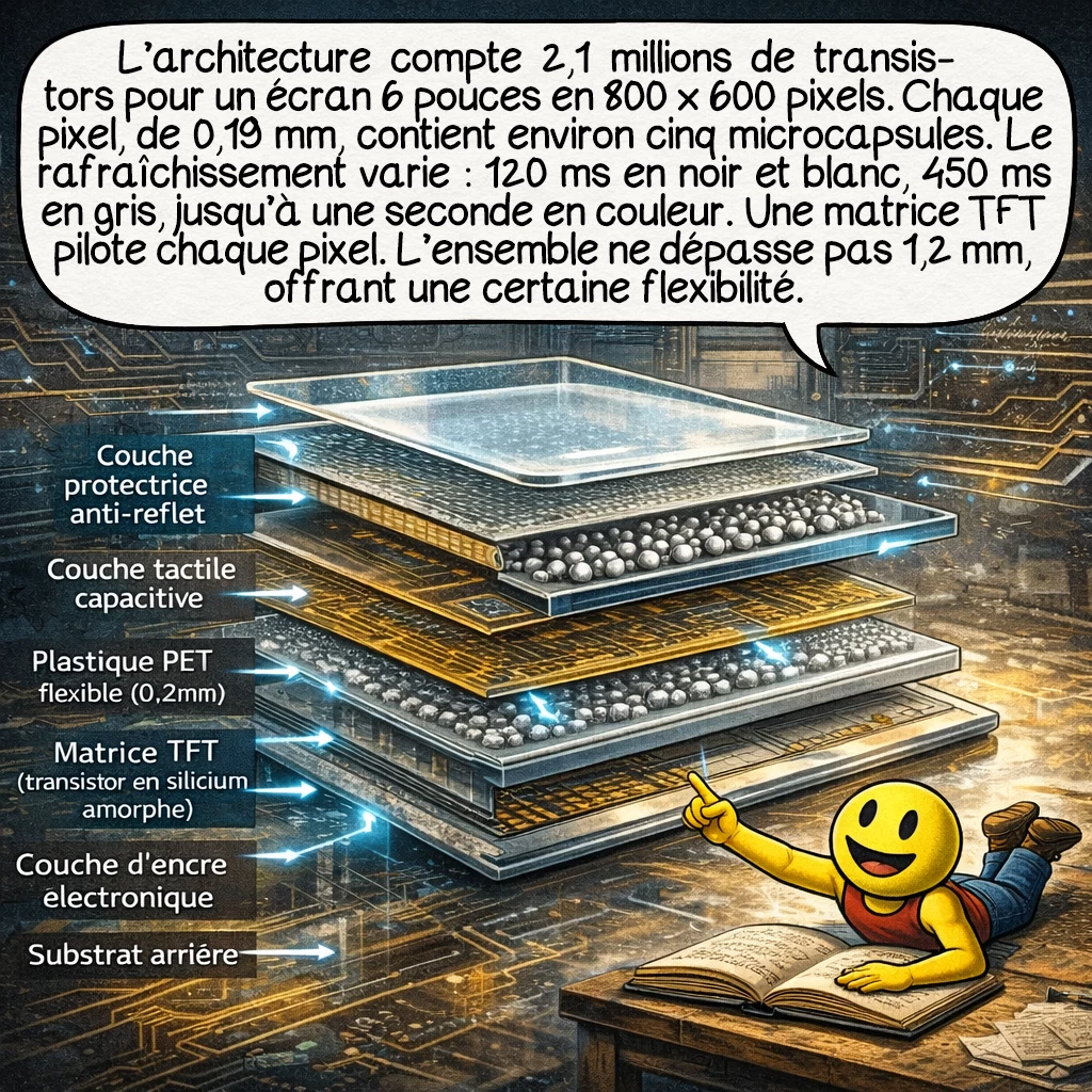 L'encre électronique, case 5 : L’architecture complexe comprend 2,1 millions de transistors pour un écran 6 pouces 800x600 pixels. Chaque pixel mesure 0,19 mm et contient environ 5 microcapsules synchronisées. Le temps de rafraîchissement varie : 120 ms pour le noir/blanc, 450 ms pour les niveaux de gris, jusqu’à 1 seconde pour la couleur. La matrice active TFT en silicium amorphe ou IGZO contrôle individuellement chaque pixel. L’épaisseur totale ne dépasse pas 1,2 mm, permettant la flexibilité.