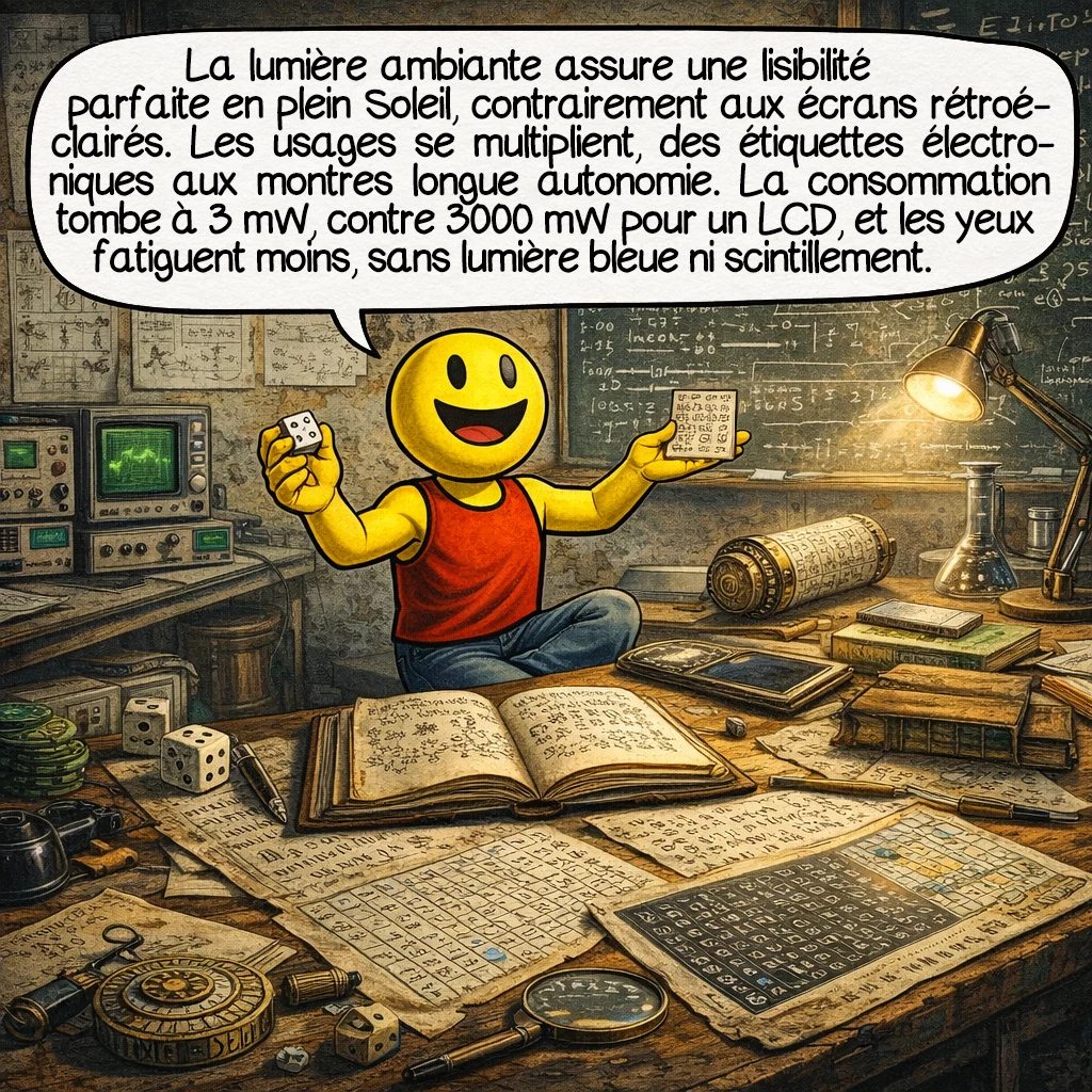 L'encre électronique, case 6 : La réflexion de la lumière ambiante offre une lisibilité parfaite en plein soleil, impossible avec les écrans rétroéclairés. Les applications s’étendent : étiquettes électroniques de gondole (30 millions installées), panneaux d’affichage urbains résistants -25 °C à +70 °C, montres connectées avec 30 jours d’autonomie. La consommation moyenne : 3 mW en lecture contre 3000 mW pour un LCD. Les yeux ne fatiguent pas, car il n’y a aucune émission de lumière bleue ni scintillement à 60 Hz.