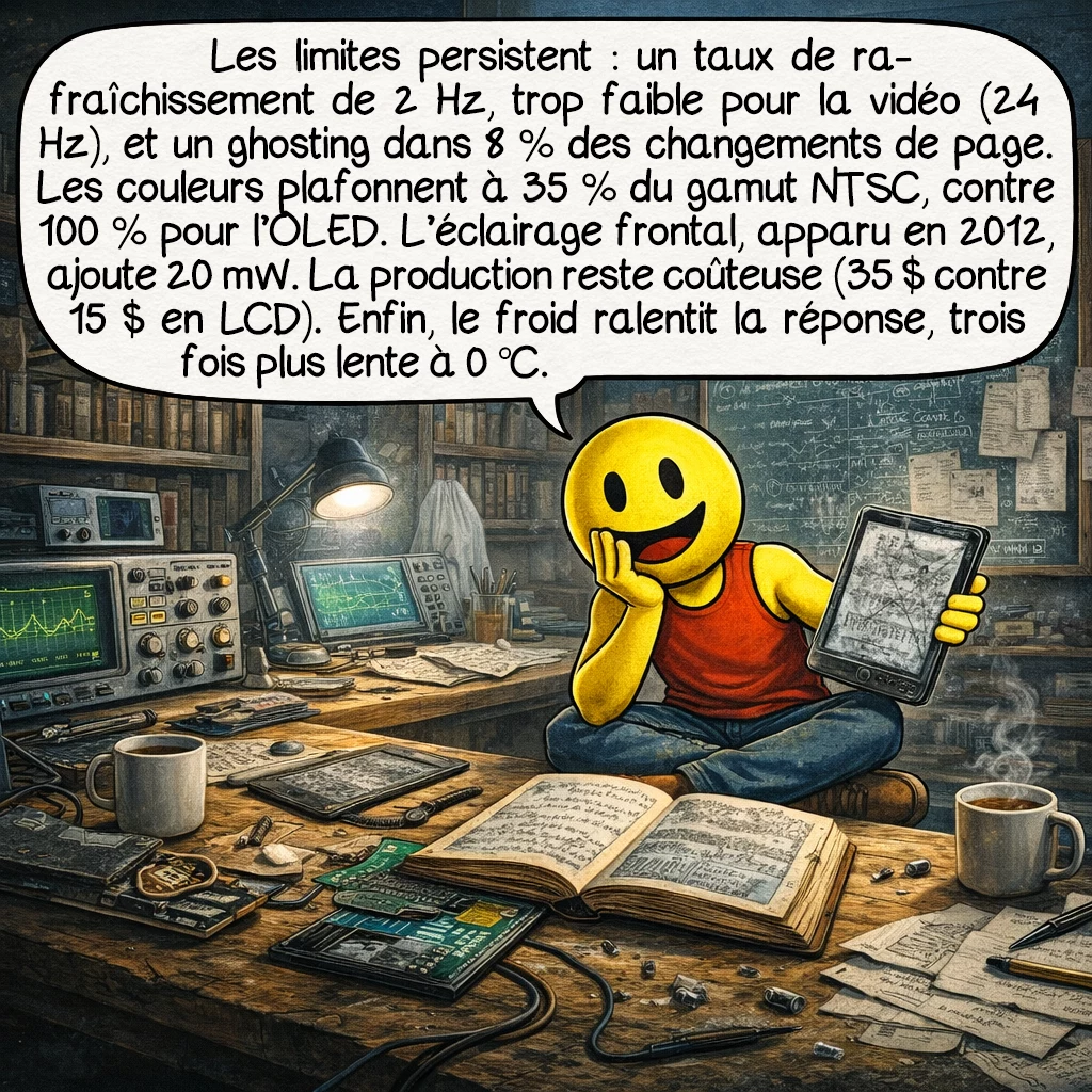 L'encre électronique, case 7 : Les limitations persistent : taux de rafraîchissement de 2 Hz inadapté aux vidéos nécessitant 24 Hz minimum. Le ghosting affecte 8 % des changements de page. Les couleurs n’atteignent que 35 % du gamut NTSC contre 100 % pour l’OLED. L’éclairage frontal, ajouté depuis 2012, consomme 20 mW supplémentaires. Le coût de production reste élevé : 35 $ pour un écran 6 pouces contre 15 $ en LCD. La température affecte les performances : réponse 3x plus lente à 0 °C.