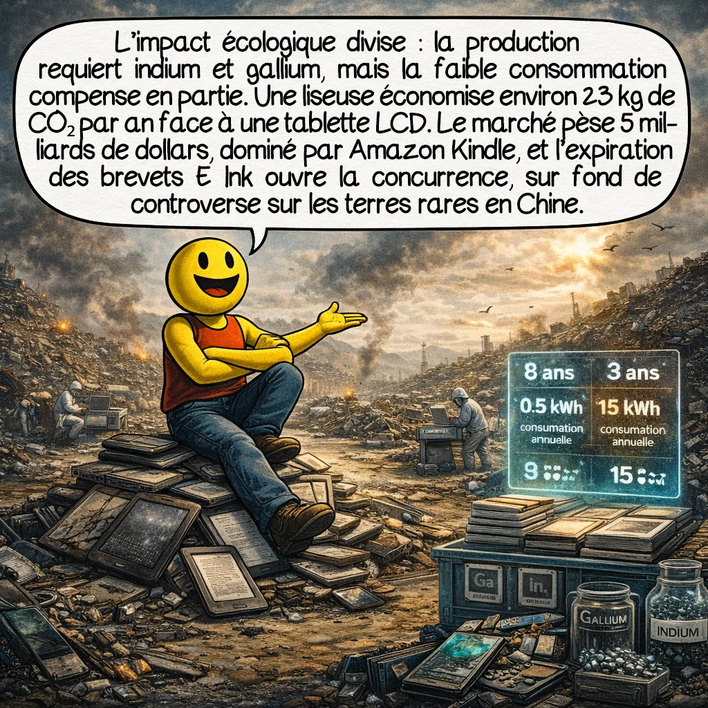 L'encre électronique, case 9 : L’impact écologique divise : production nécessitant indium et gallium rares, mais durée de vie triplée et consommation divisée par 30. Une liseuse économise 23 kg de CO2 par an versus tablette LCD. Le marché mondial atteint 5 milliards de dollars, dominé à 65 % par Amazon Kindle. Les brevets E Ink expirent progressivement depuis 2020, ouvrant la concurrence. Controverse : conditions d’extraction des terres rares en Chine, monopole détenant 95 % de la production mondiale.