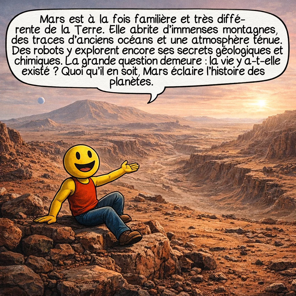 Mars, case 10 : Mars est à la fois familière et profondément différente de la Terre. Elle possède des montagnes géantes, des traces d’anciens océans et une atmosphère fragile. Les robots y explorent encore ses secrets géologiques et chimiques. La grande question reste ouverte : la vie y a-t-elle existé autrefois ? Quoi qu’il en soit, Mars continue de nous aider à comprendre l’histoire des planètes.