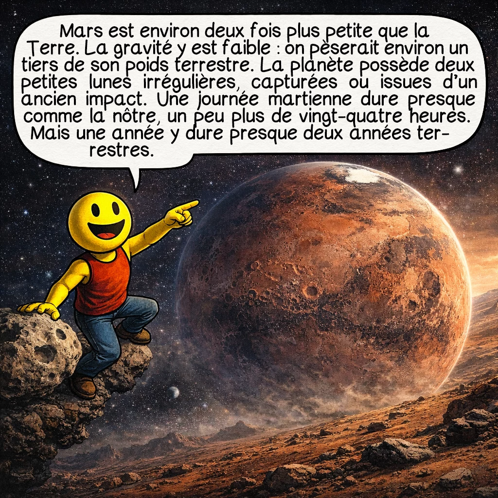 Mars, case 2 : Mars est environ deux fois plus petite que la Terre.La gravité y est faible : on pèserait environ un tiers de son poids terrestre. La planète possède deux petites lunes irrégulières, capturées ou issues d’un ancien impact. Une journée martienne dure presque comme la nôtre, un peu plus de vingt-quatre heures. Mais une année y dure presque deux années terrestres.