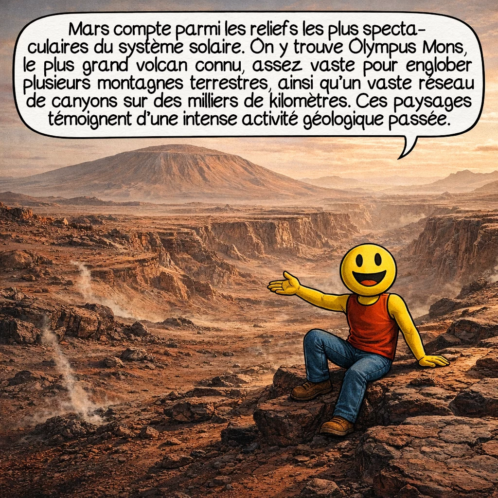 Mars, case 3 : Mars possède certains des reliefs les plus spectaculaires du système solaire. On y trouve le plus grand volcan connu : Olympus Mons. Ce volcan est si vaste qu’il pourrait contenir plusieurs montagnes terrestres. La planète abrite aussi un gigantesque réseau de canyons long de milliers de kilomètres. Ces paysages révèlent une histoire géologique très active dans le passé.