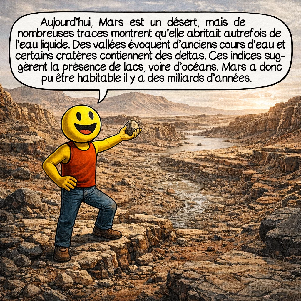 Mars, case 4 : Aujourd’hui Mars est un désert. Pourtant, de nombreuses traces indiquent qu’il y avait autrefois de l’eau liquide. Des vallées ressemblent à des rivières et certains cratères contiennent des deltas. Ces formations suggèrent l’existence d’anciens lacs, et peut-être même d’océans. Mars a donc pu être habitable il y a des milliards d’années.