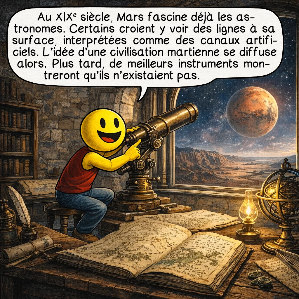 Mars, case 5 : Au XIXe siècle, Mars fascine déjà les astronomes.Certains observateurs croient voir des lignes à sa surface. Ces lignes seront interprétées comme des canaux artificiels. L’idée d’une civilisation martienne se répand alors dans le public. Plus tard, de meilleurs instruments montreront que ces canaux n’existaient pas.