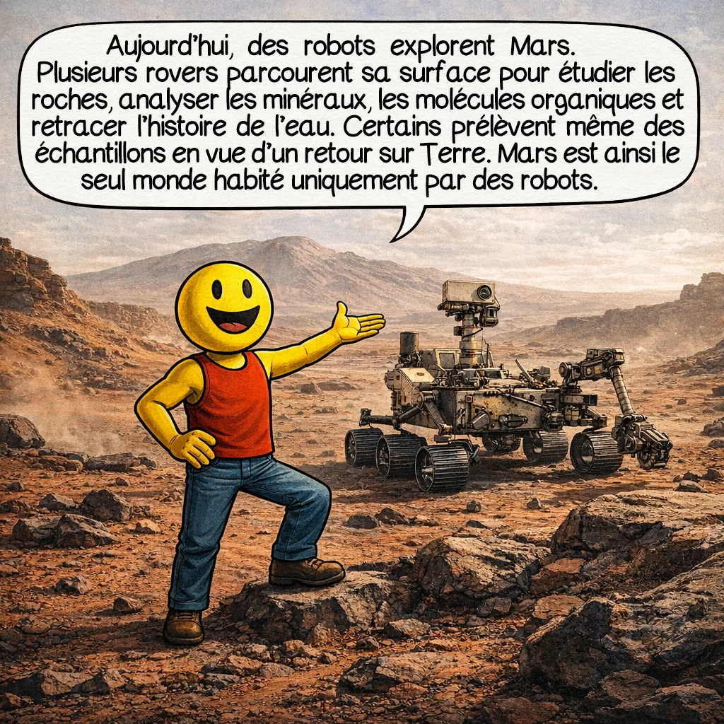 Mars, case 6 : Aujourd’hui, ce sont des robots qui explorent Mars. Plusieurs rovers ont parcouru la surface pour étudier les roches. Ils analysent les minéraux, les molécules organiques et l’histoire de l’eau. Certains prélèvent même des échantillons pour une future mission de retour. Mars est actuellement le seul monde habité uniquement par des robots.