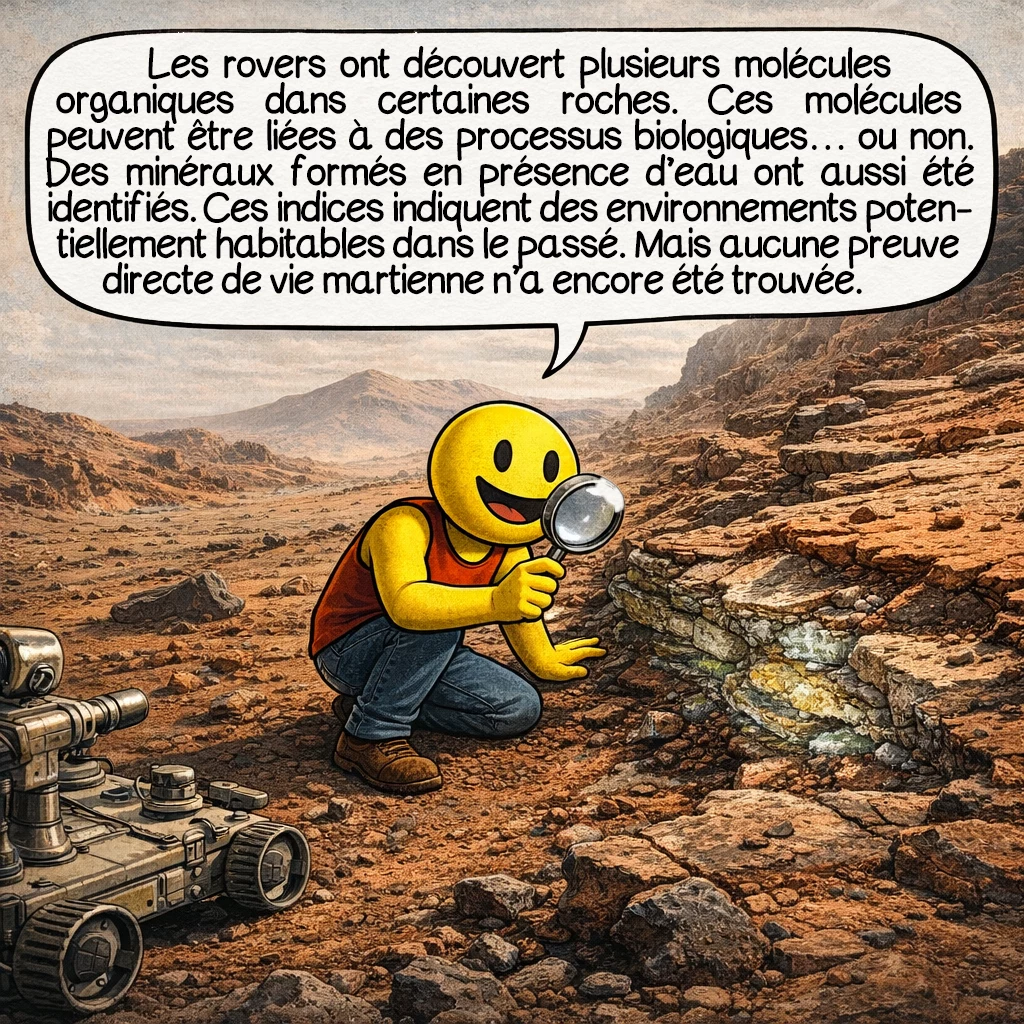 Mars, case 7 : Les rovers ont découvert plusieurs molécules organiques dans certaines roches. Ces molécules peuvent être liées à des processus biologiques… ou non. Des minéraux formés en présence d’eau ont aussi été identifiés. Ces indices indiquent des environnements potentiellement habitables dans le passé. Mais aucune preuve directe de vie martienne n’a encore été trouvée.