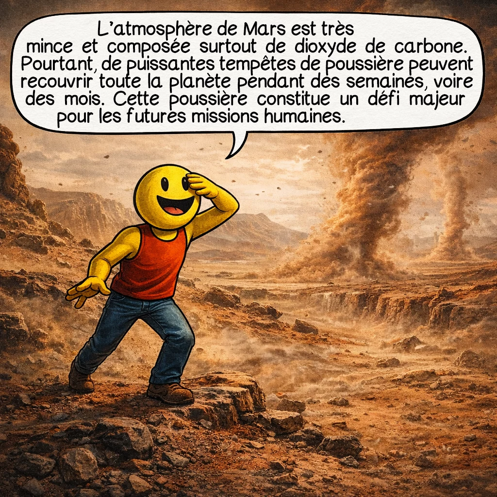 Mars, case 8 : L’atmosphère de Mars est très mince. Elle est composée principalement de dioxyde de carbone. Malgré cela, de puissantes tempêtes de poussière peuvent recouvrir toute la planète. Ces tempêtes peuvent durer des semaines ou des mois. La poussière martienne est l’un des défis majeurs pour les futures missions humaines.