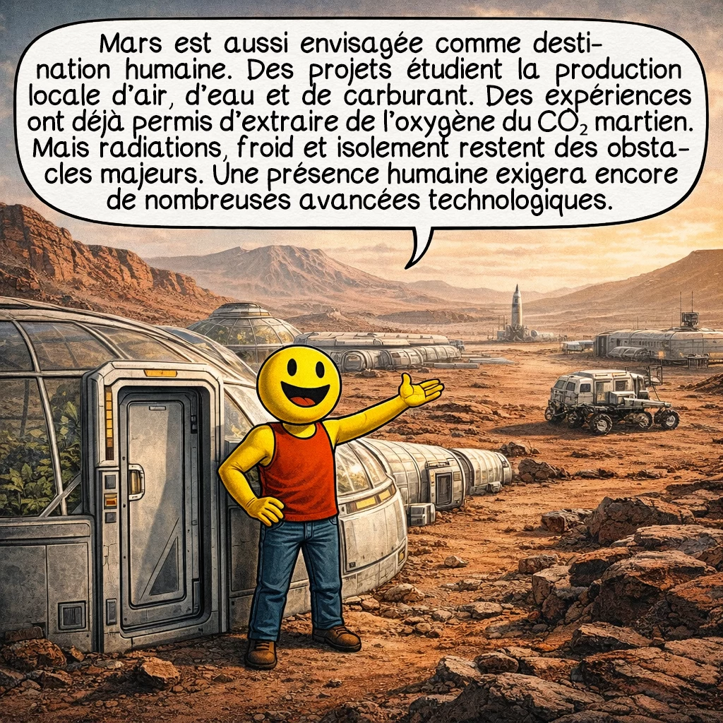 Mars, case 9 : Mars est aussi envisagée comme une destination pour les humains. Des projets étudient comment produire de l’air, de l’eau et du carburant sur place. Certaines expériences ont déjà montré qu’on peut fabriquer de l’oxygène à partir du dioxyde de carbone martien. Cependant les radiations, le froid et l’isolement restent des obstacles majeurs.Une présence humaine sur Mars demandera encore beaucoup de technologies.