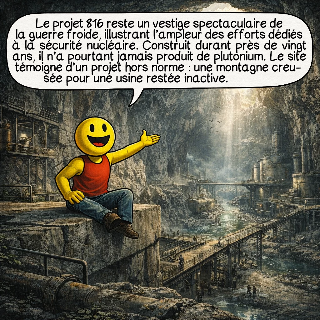 Le projet 816, case 10 : Le projet 816 est aujourd’hui un vestige spectaculaire de la guerre froide. Il montre l’ampleur des efforts consacrés à la sécurité nucléaire et militaire. Construit pendant près de vingt ans, il n’a pourtant jamais produit de plutonium. Le site est devenu un témoignage historique et industriel unique. Une montagne entière creusée… pour une usine qui n’a jamais fonctionné.
