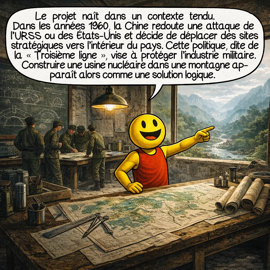 Le projet 816, case 2 : Le projet naît dans un contexte très tendu. Dans les années 1960, la Chine craint une attaque de l’Union soviétique ou des États-Unis. Le gouvernement décide alors de déplacer des installations stratégiques au cœur du pays. Cette politique s’appelle la « Troisième ligne », destinée à protéger l’industrie militaire. Construire une usine nucléaire dans une montagne devient alors une solution logique.