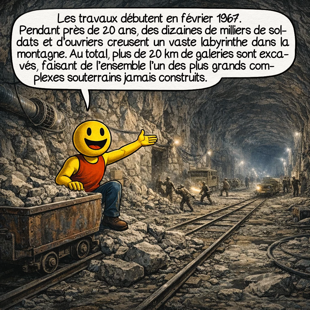 Le projet 816, case 3 : Les travaux commencent en février 1967. Pendant près de vingt ans, des dizaines de milliers de soldats et d’ouvriers participent au chantier. Ils creusent un véritable labyrinthe souterrain dans la montagne. Au total, plus de vingt kilomètres de galeries seront excavés. C’est l’un des plus grands complexes souterrains jamais construits.