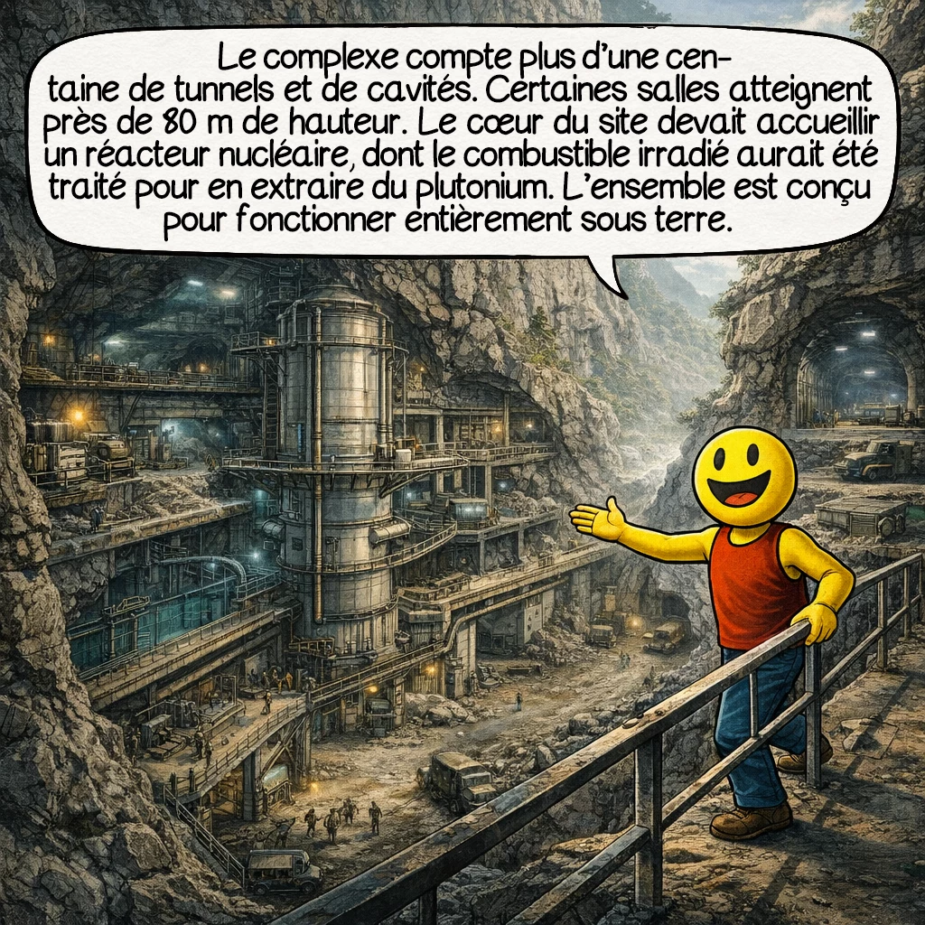 Le projet 816, case 4 : Le complexe comprend plus d’une centaine de tunnels et de cavités. Certaines salles sont gigantesques, atteignant près de quatre-vingts mètres de hauteur. Le cœur du site devait abriter un réacteur nucléaire de production. Le combustible irradié devait ensuite être traité pour extraire du plutonium. Toute l’infrastructure est conçue pour fonctionner entièrement sous terre.