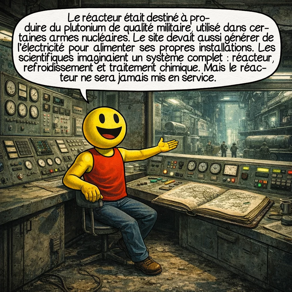 Le projet 816, case 5 : Le réacteur prévu était destiné à produire du plutonium de qualité militaire. Ce matériau est utilisé dans certaines armes nucléaires. Le site devait aussi générer de l’électricité pour alimenter ses propres installations. Les scientifiques imaginaient un système complet : réacteur, refroidissement et traitement chimique. Mais le réacteur ne sera jamais mis en service.