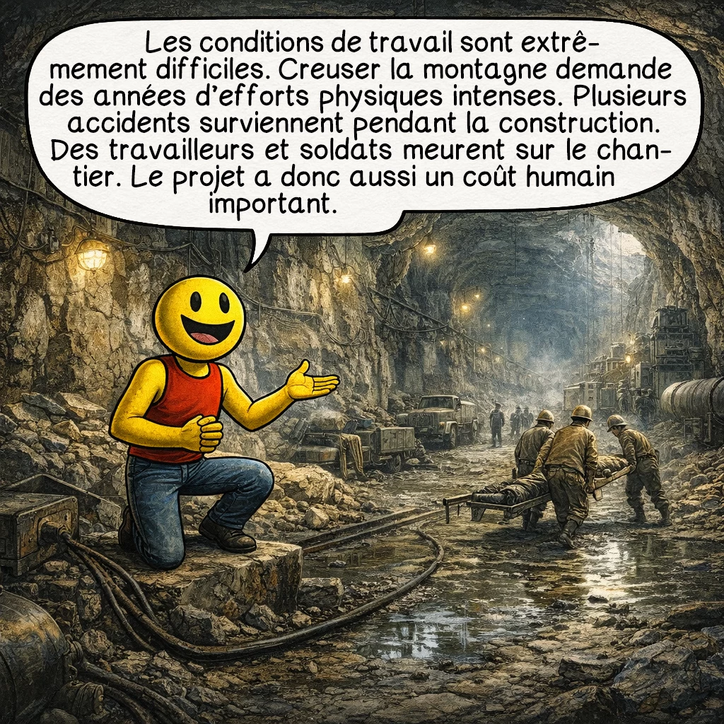 Le projet 816, case 7 : Les conditions de travail sont extrêmement difficiles. Creuser la montagne demande des années d’efforts physiques intenses. Plusieurs accidents surviennent pendant la construction.Des travailleurs et soldats meurent sur le chantier. Le projet a donc aussi un coût humain important.