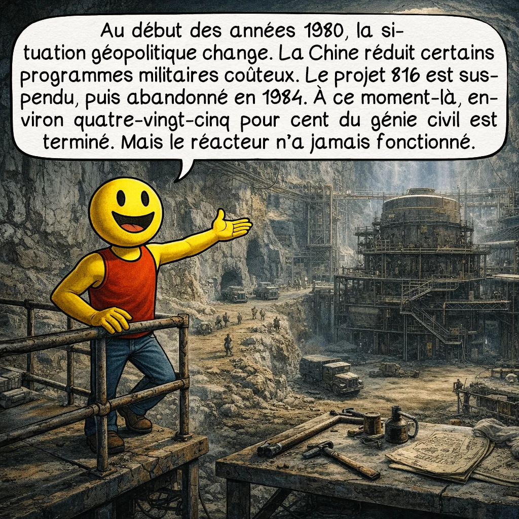 Le projet 816, case 8 : Au début des années 1980, la situation géopolitique change. La Chine réduit certains programmes militaires coûteux. Le projet 816 est suspendu, puis abandonné en 1984. À ce moment-là, environ quatre-vingt-cinq pour cent du génie civil est terminé. Mais le réacteur n’a jamais fonctionné.